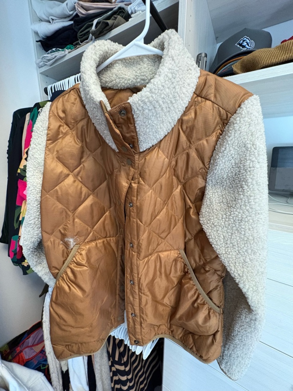 REI Quilted Ski Jacket with Cream Sherpa Trim - Brown/Cream